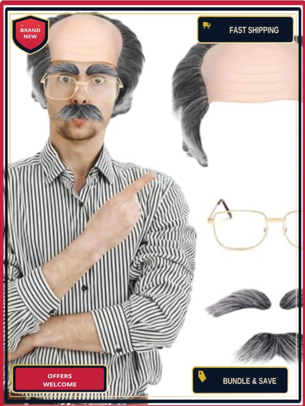 Grey Old Man Wig Kit with Eyeglasses & Mustache Synthetic Cosplay